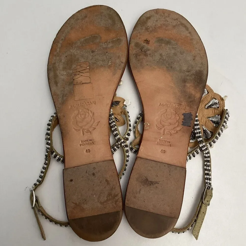 Maliparmi Sandal T-Strap Flat Leather Embellished Thong Sequin Rock Bead…